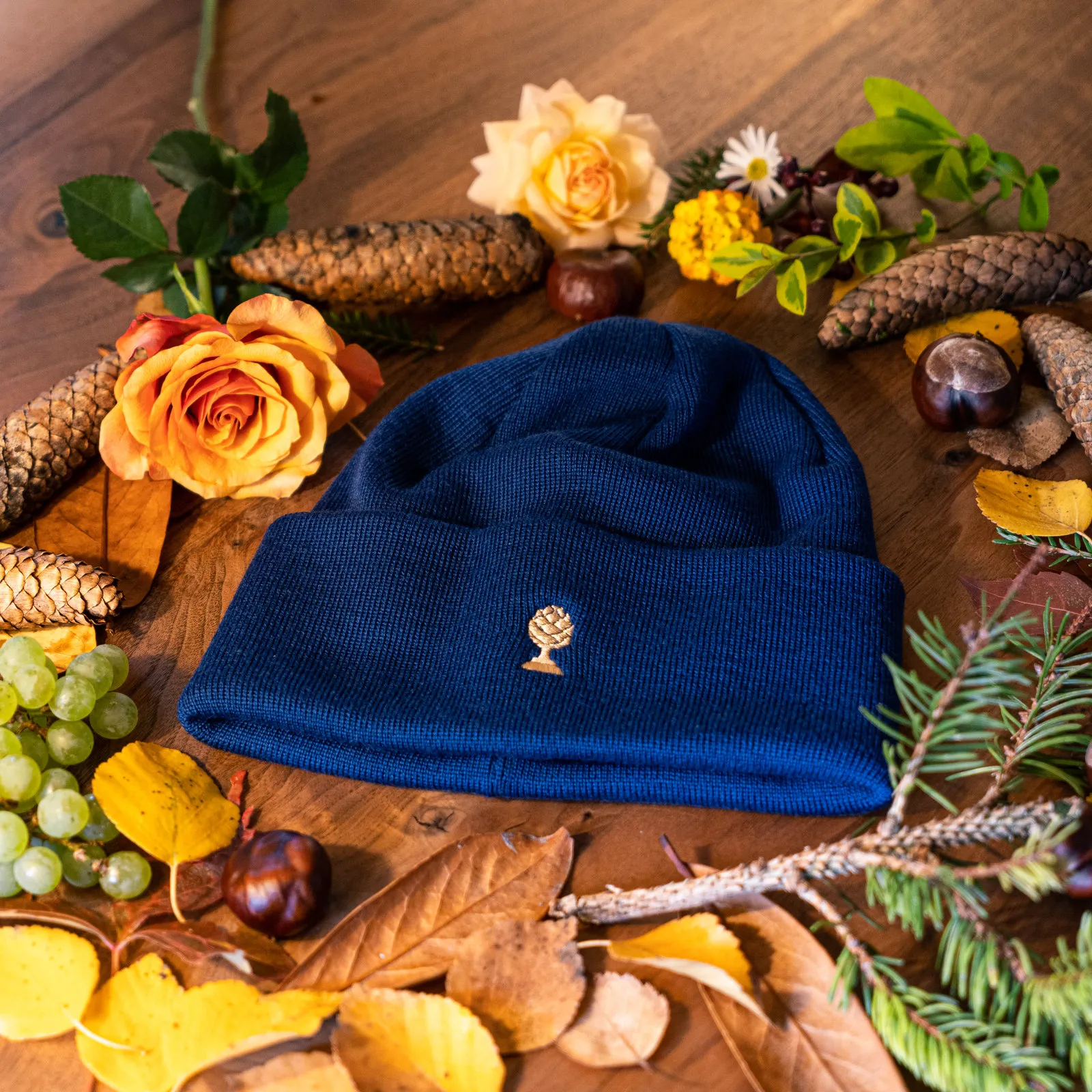 Beanie aus Merinowolle mit Zirbelnuss Logo-Applikation (Gold Edition), Ansicht 3